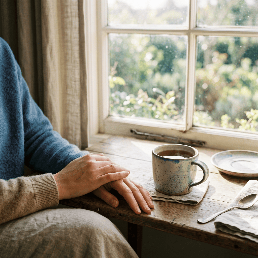 Person resting hands beside a cup of tea by a sunny window