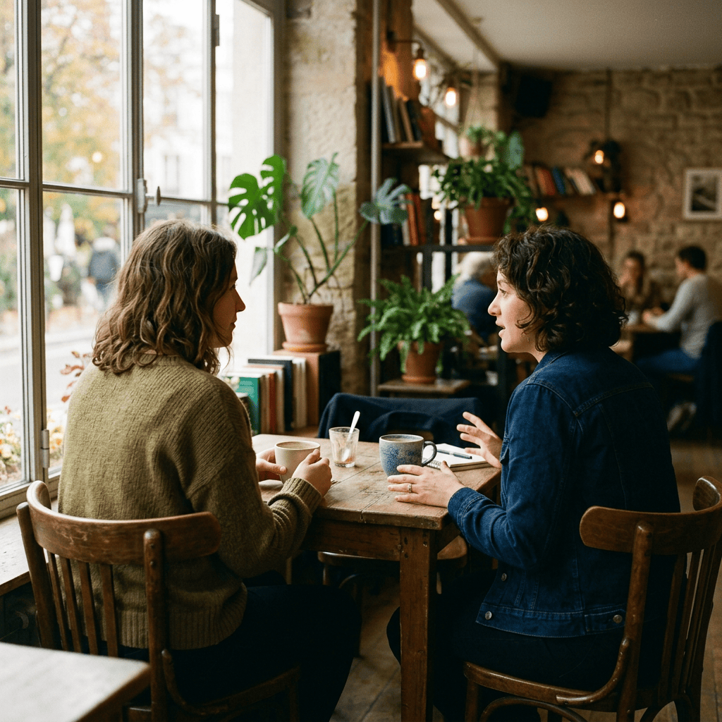 Two women talking over coffee at a café table