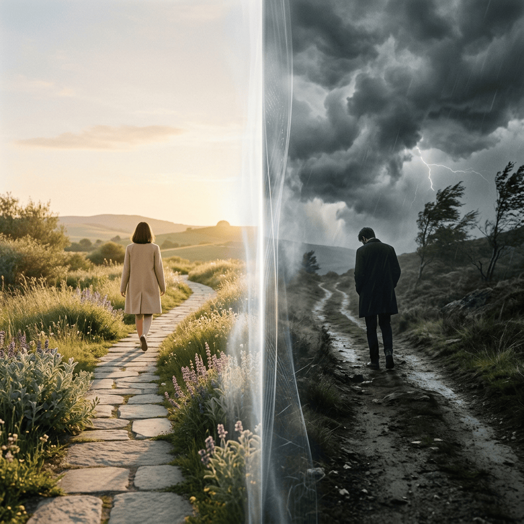 Split scene of two people walking through sunny and stormy landscapes