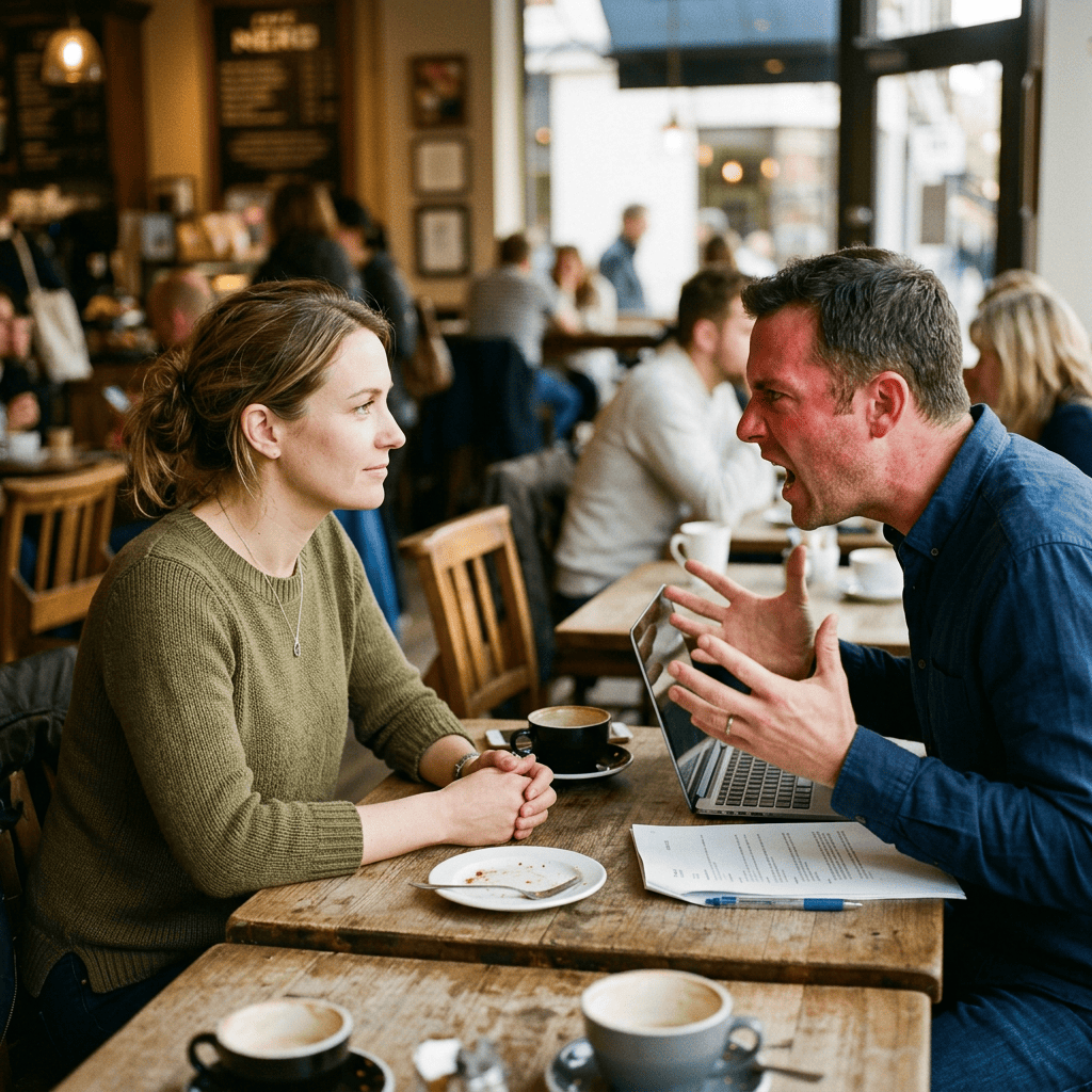 Two colleagues discussing work at a café table with a laptop and coffee