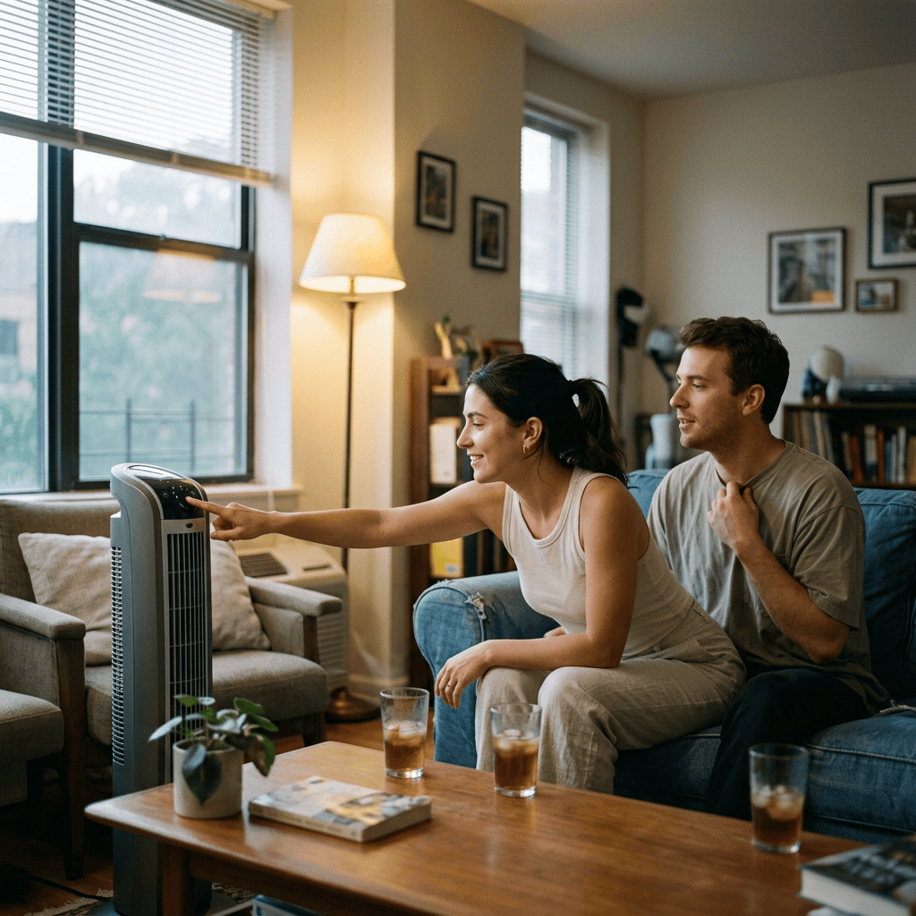 Woman adjusting a tower fan while sitting beside a man on a sofa