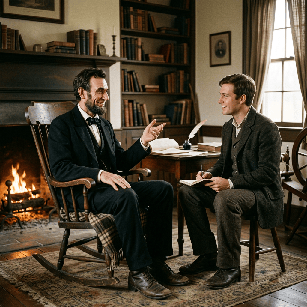 Two men converse in a study, one taking notes beside a fireplace