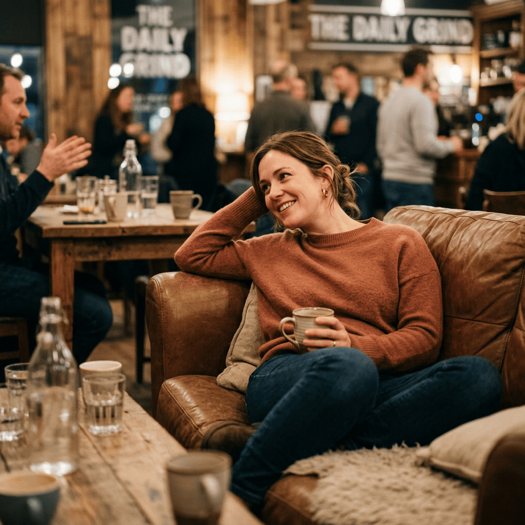 Woman relaxing on a leather sofa with a coffee in a busy café