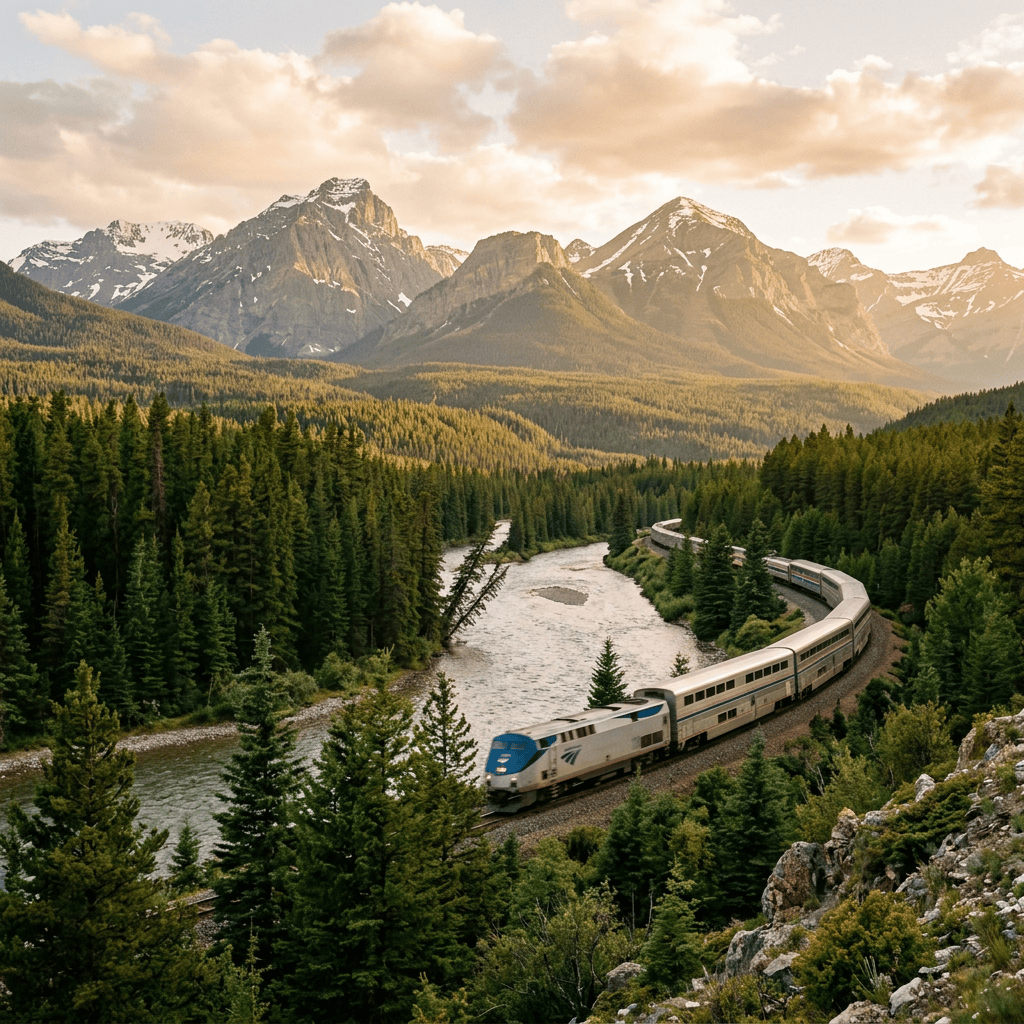 Passenger train curving beside a river through a forested mountain valley