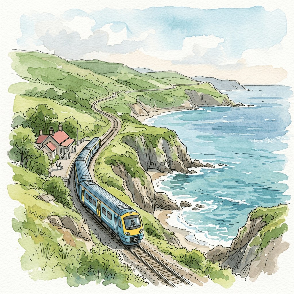 Blue-and-yellow train traveling beside a rugged turquoise coastline