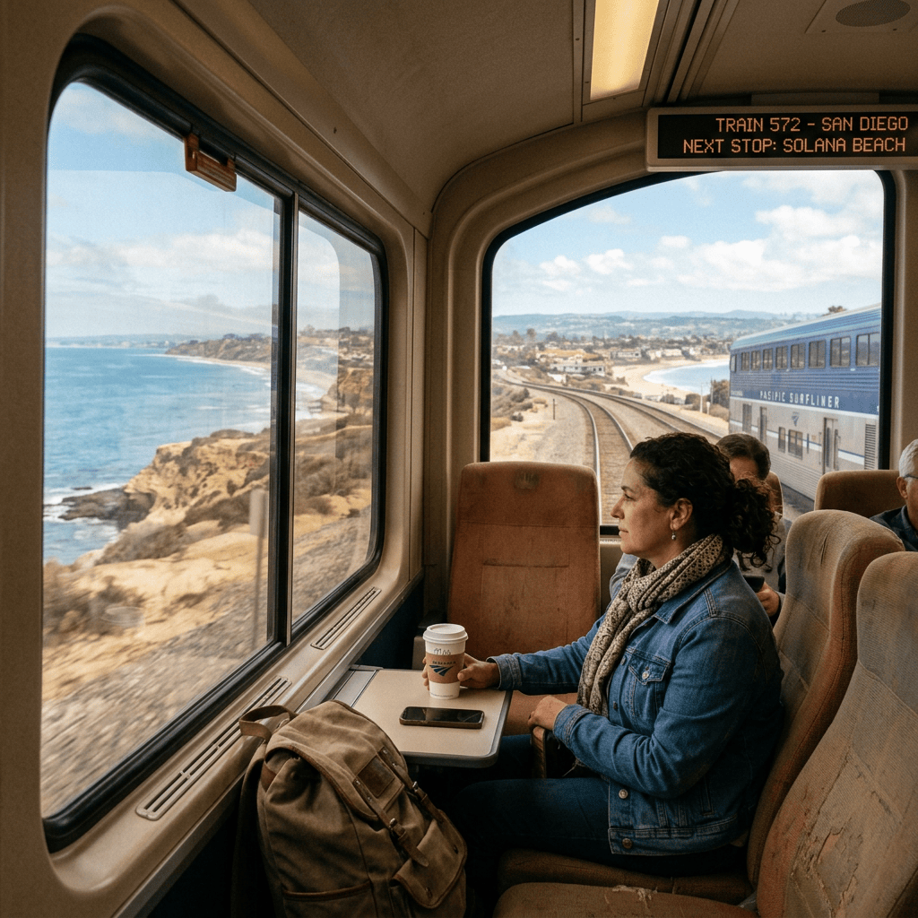 Passenger aboard Train 572 viewing the California coastline toward Solana Beach