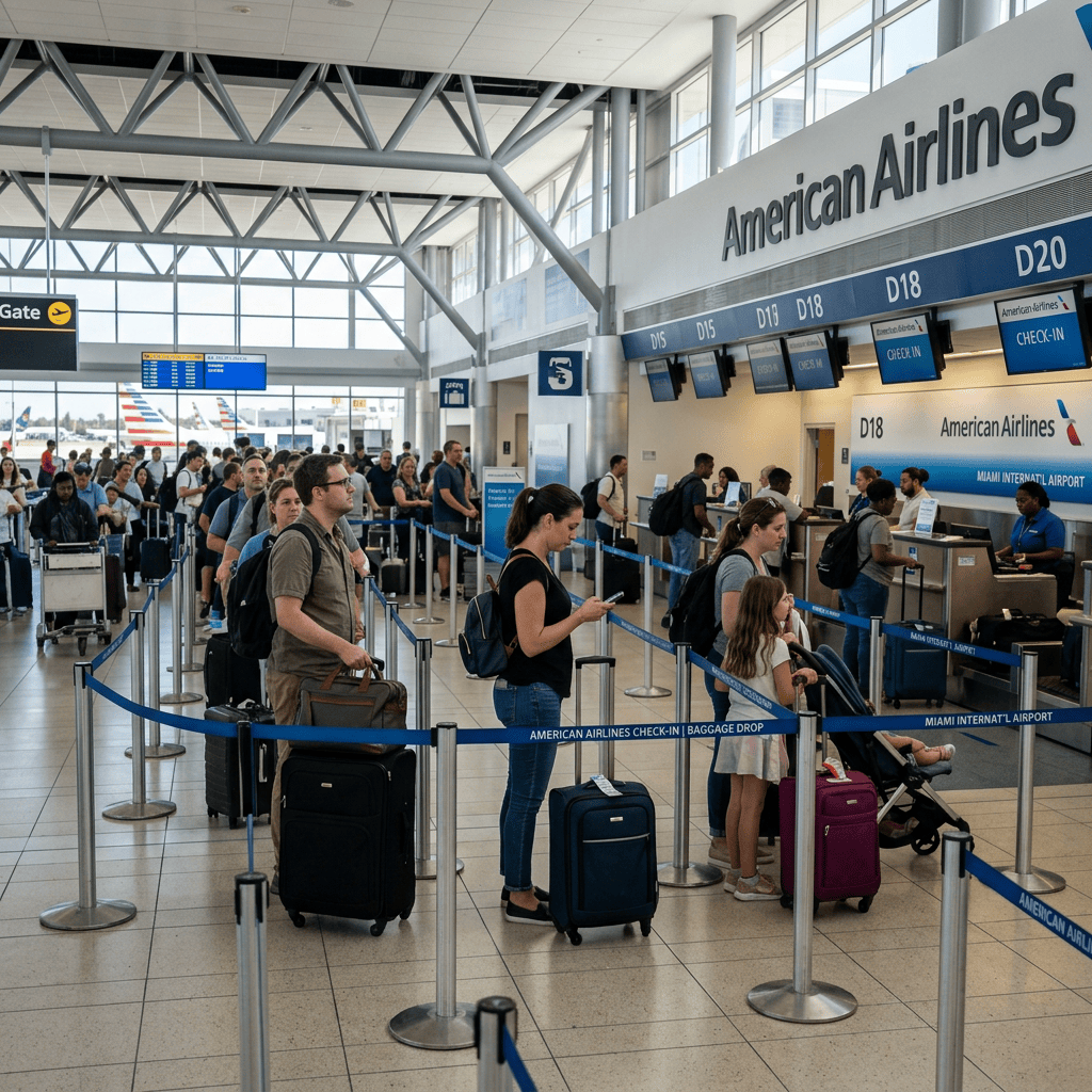 Travelers queue at American Airlines check-in and baggage drop at Miami International Airport.