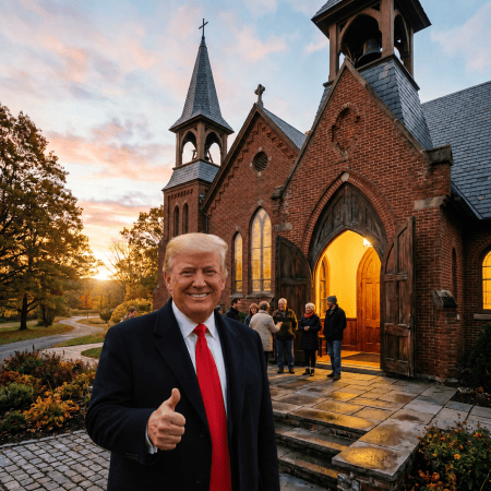 People leaving a historic brick church at sunset