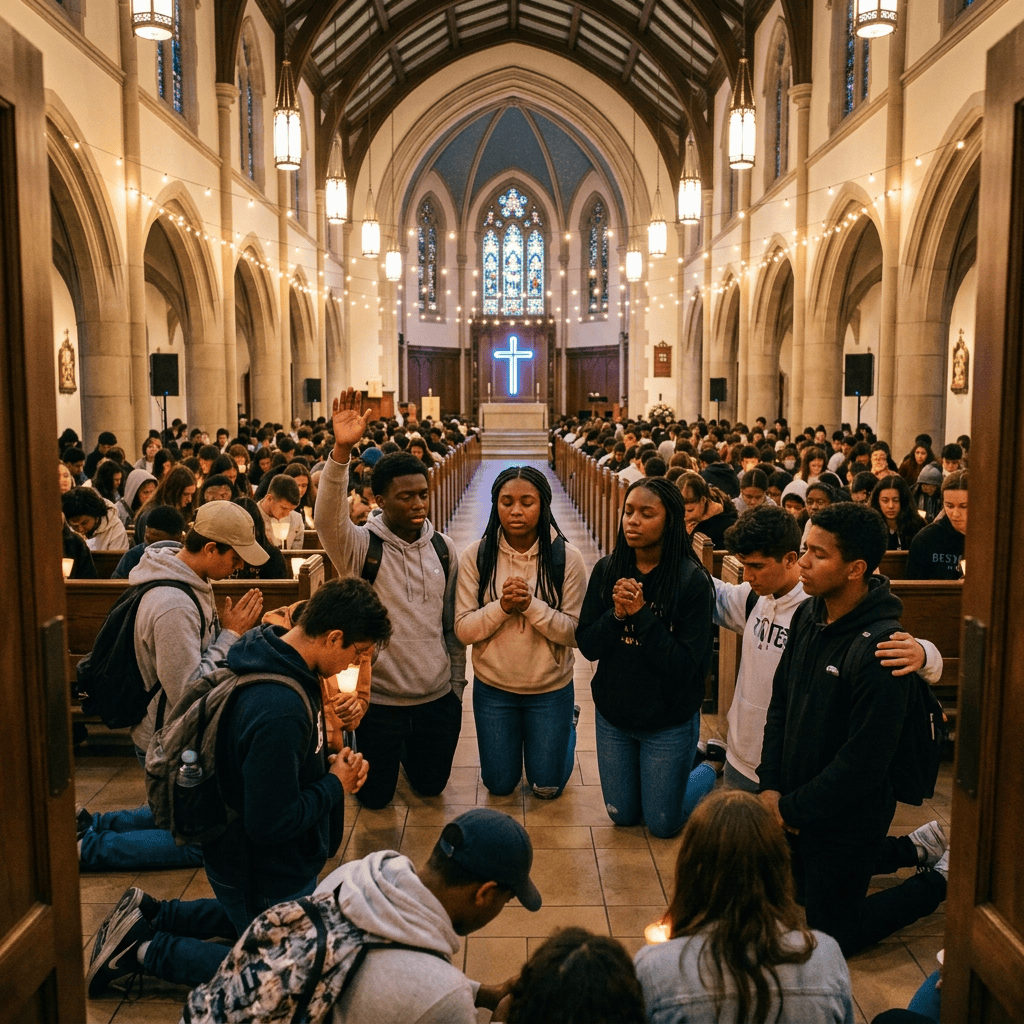Large crowd praying outside a church with illuminated cross