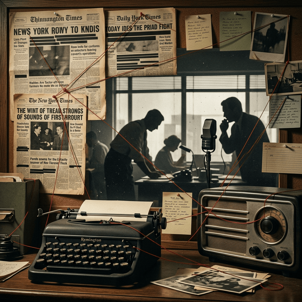 Vintage typewriter and radio beneath newspapers and red-string investigation board