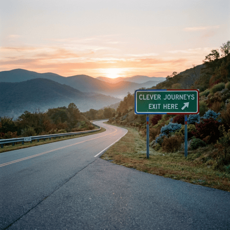 Mountain road sunrise with Clever Journeys sign