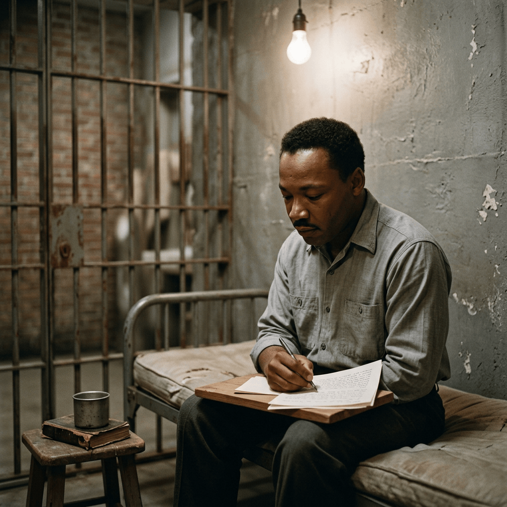 Man writing on papers while seated on a bed in a prison cell