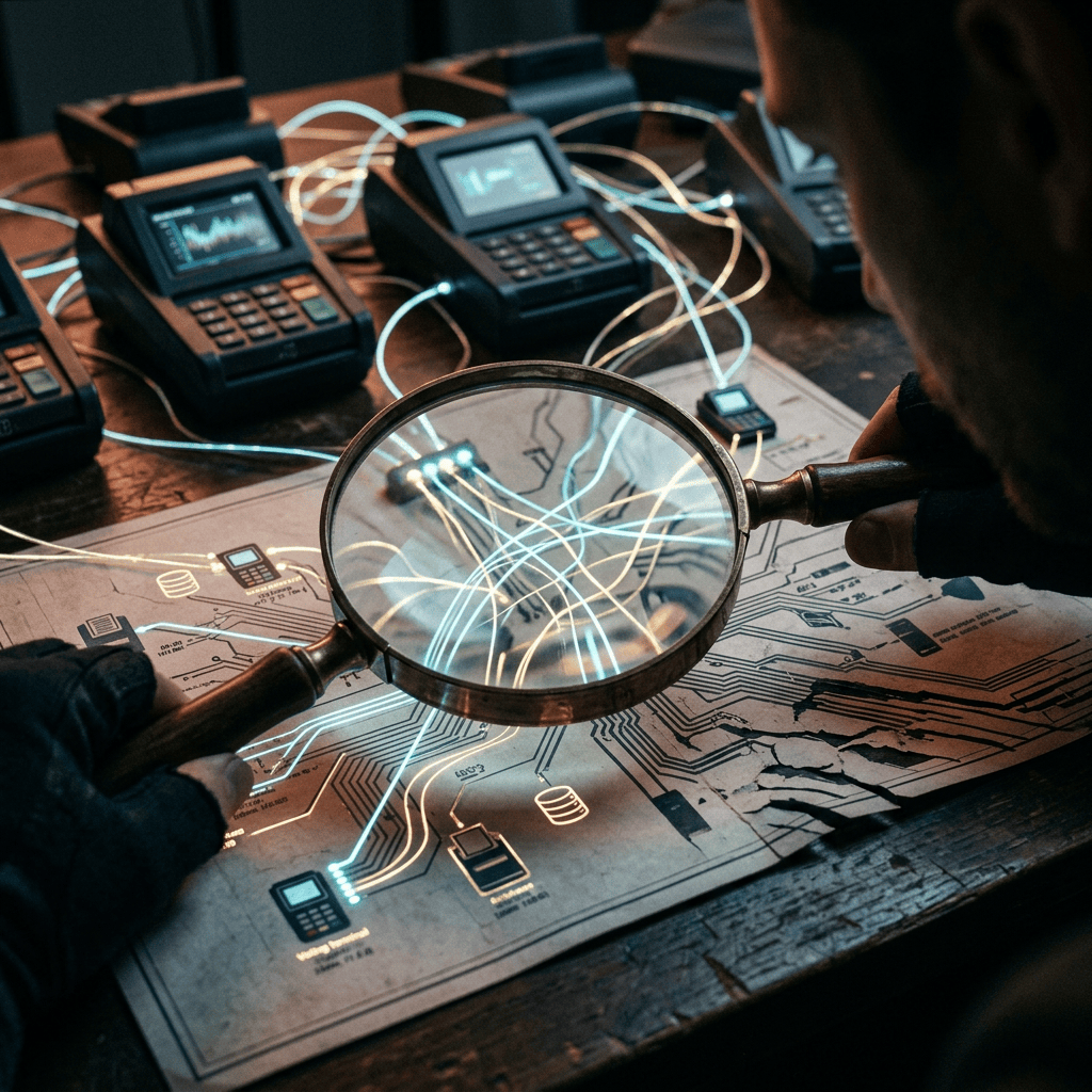 Person examining a network map with a magnifying glass and payment terminals