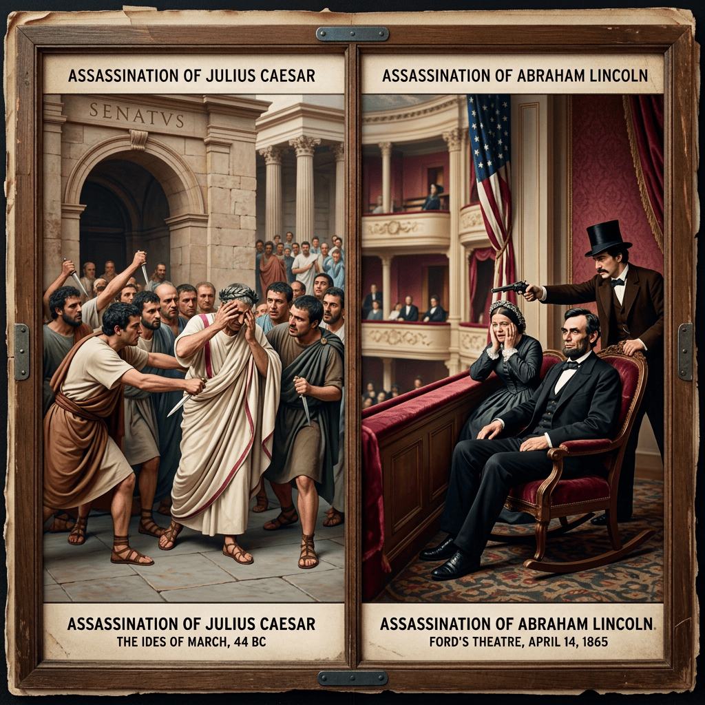 Split illustration comparing Julius Caesar's and Abraham Lincoln's assassinations