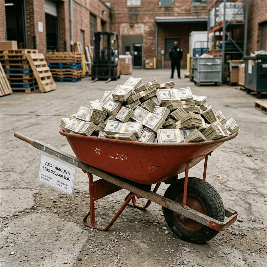Wheelbarrow filled with cash labeled “TOTAL AMOUNT: $785,000,000 USD”