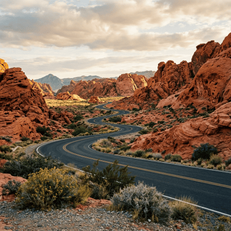 Winding highway through red-rock desert canyon with distant mountains