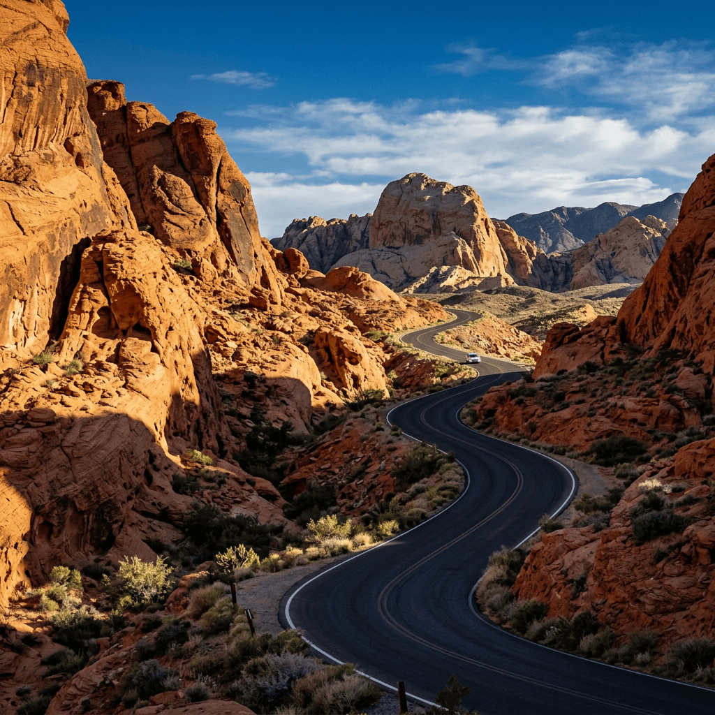 Winding road through red-rock desert mountains under a blue sky