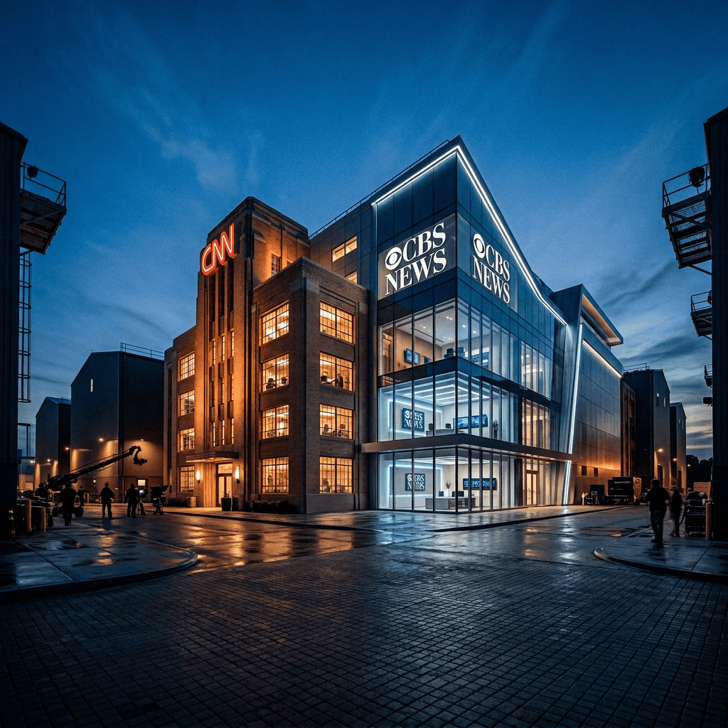 Brick-and-glass studio complex illuminated at dusk on a wet street