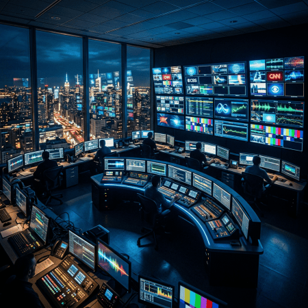 Operators monitoring broadcast screens and data displays in a nighttime control room