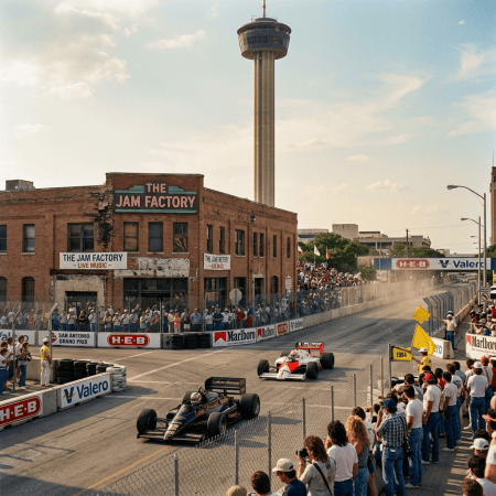 Two open-wheel race cars racing past The Jam Factory in San Antonio